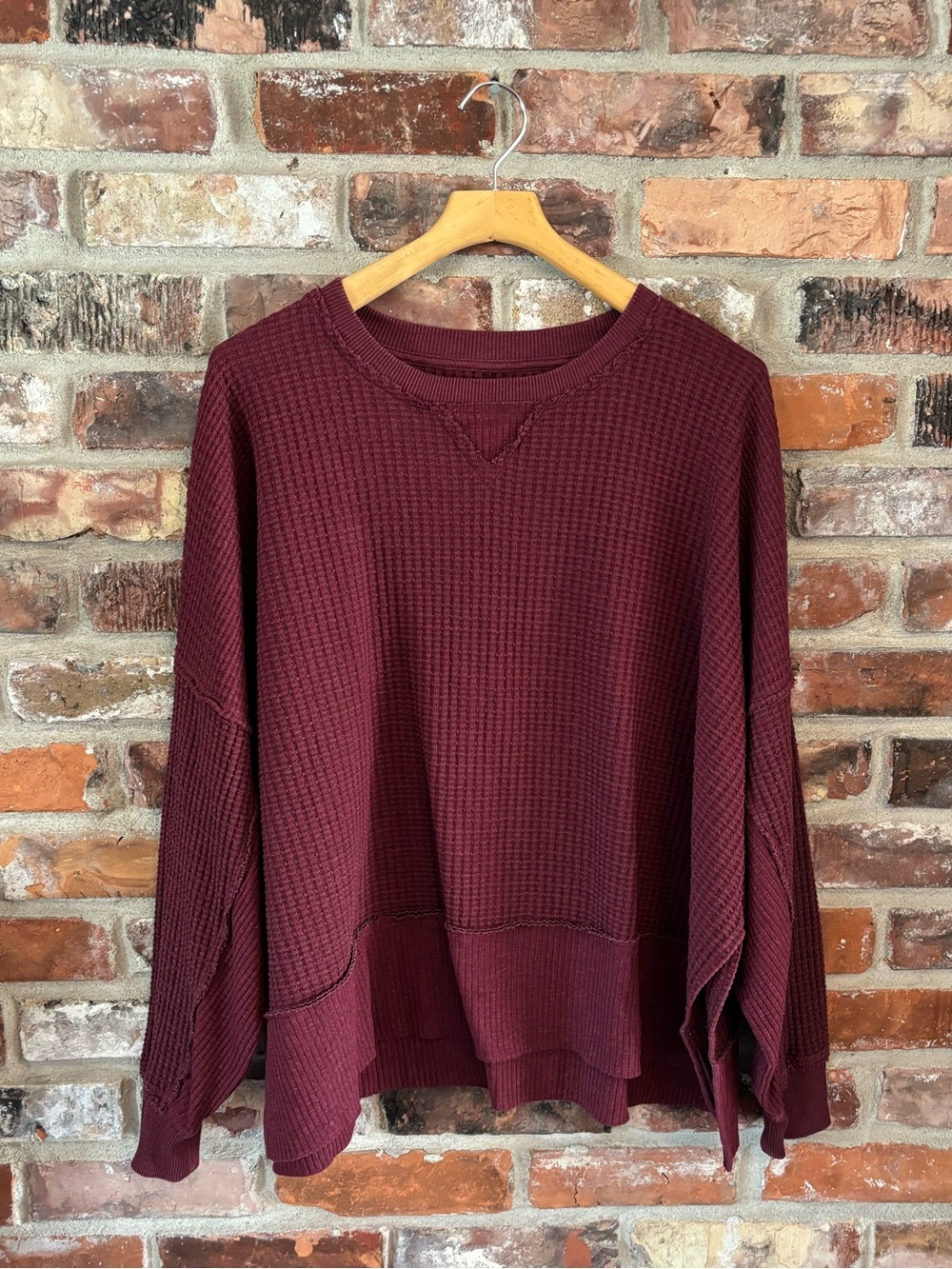 American Eagle Big Hug Burgundy Waffle Knit Long Sleeve Shirt Top, M